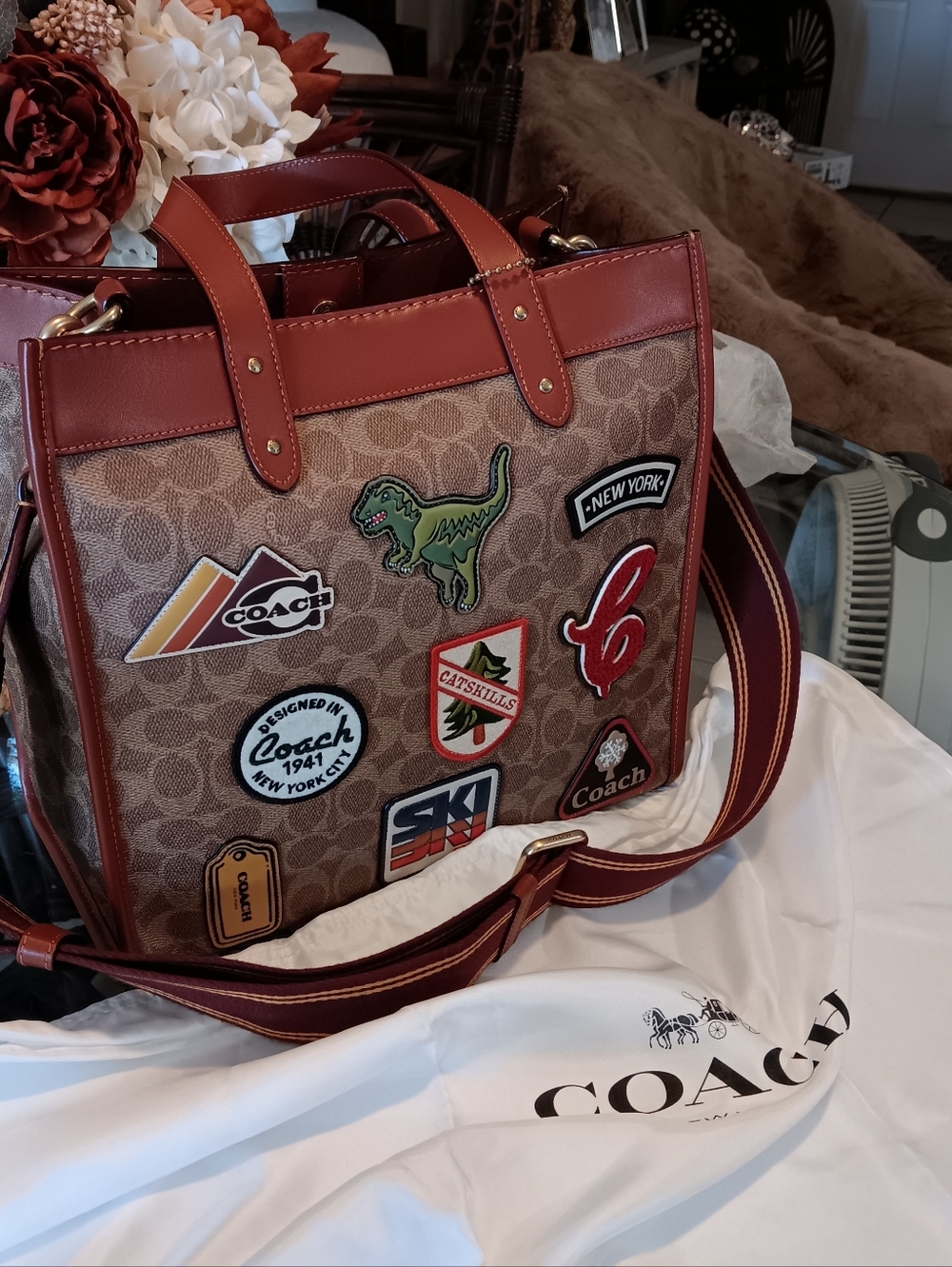 Coach Brown Signature Canvas Tote with A Beautiful Patch